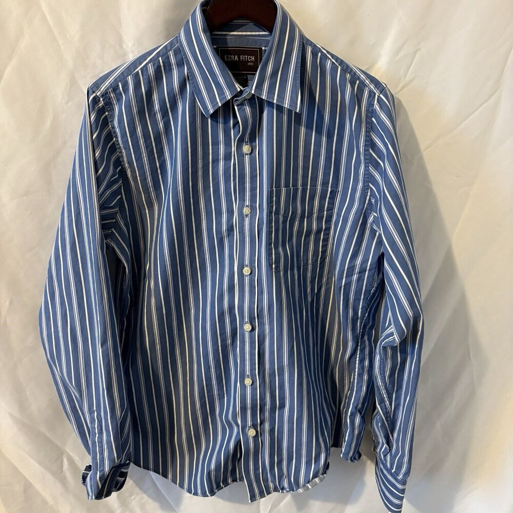 Ezra Fitch Men's Striped Cotton Dress Shirt Large Blue White Button-Down Collar